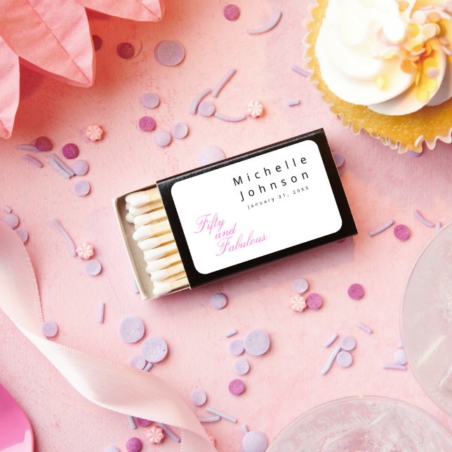 Modern Fifty and Fabulous Name 50th Birthday Party Matchboxes (Insitu)