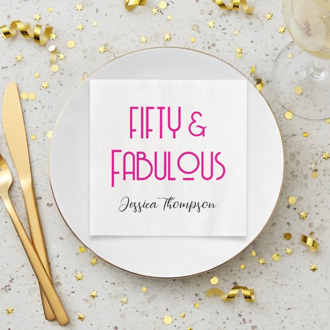 Modern Fifty and Fabulous Name 50th Birthday Party Napkins (Elegant Fifty and Fabulous pink and black text 50th birthday napkin)