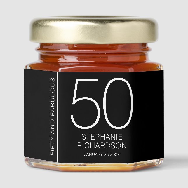 Modern Fifty and Fabulous Name Date 50th Birthday Honey Jar Favors (Front)