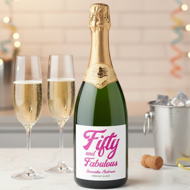 Modern Fifty and Fabulous Pink 50th Birthday Party Sparkling Wine Label (Creator Uploaded)