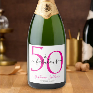 Modern Fifty and Fabulous Pink 50th Birthday Party Sparkling Wine Label