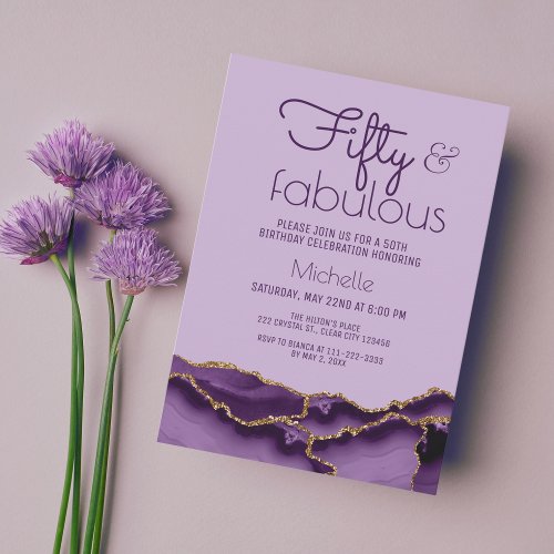 Modern Fifty and Fabulous Purple Gold Agate  Invitation