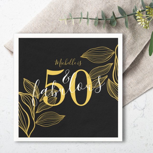 Modern Fifty & Fabulous Black & Gold Napkins (Creator Uploaded)
