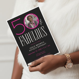 Modern Fifty Fabulous Pink White Photo Birthday Invitation