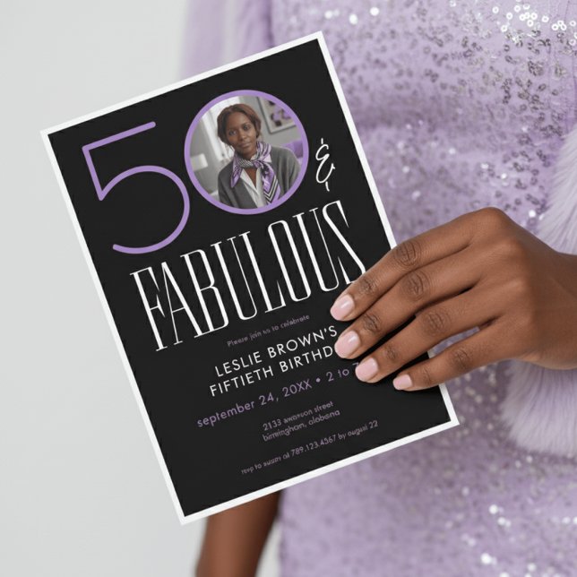 Modern Fifty Fabulous Purple White Photo Birthday Invitation (Creator Uploaded)