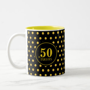 Modern Fifty & Fabulous with Gold Dots on Black Two-Tone Coffee Mug