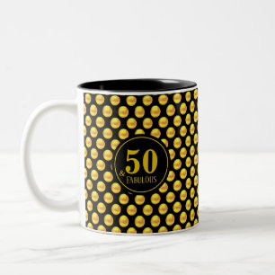 Modern Fifty & Fabulous with Gold Dots on Black Two-Tone Coffee Mug