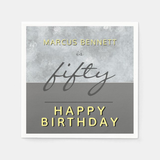 Modern Fifty Grey Script 50th Birthday Party Napkins (Front)