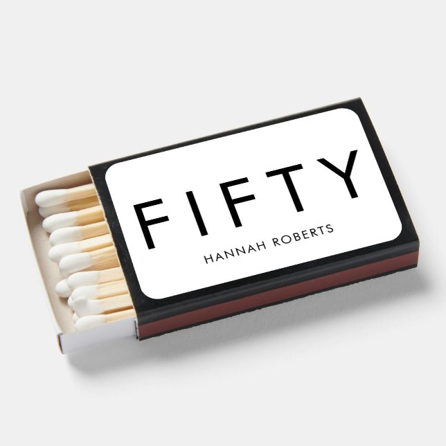 Modern Fifty Name 50th Birthday Party Matchboxes (Front Open)