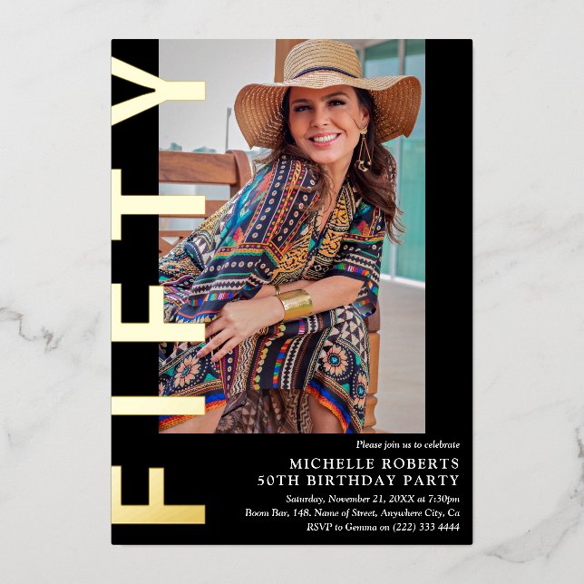 Modern FIFTY Photo 50th Birthday Party Invitation Foil Invitation (Front)
