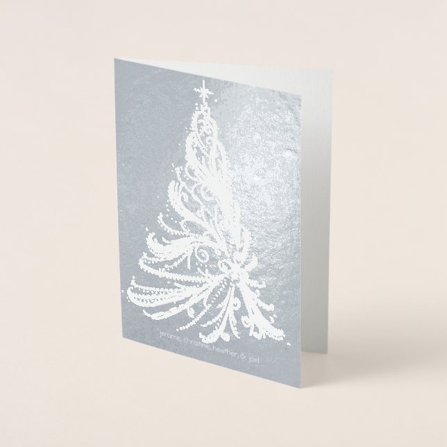 Modern Filigree Christmas Tree Silver Foil Card (Front)