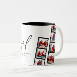 Modern film strip 5 Photo Joyful Christmas green Two-Tone Coffee Mug