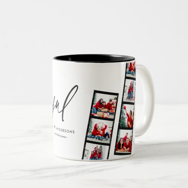 Modern film strip 5 Photo Joyful Christmas green Two-Tone Coffee Mug (Front Right)