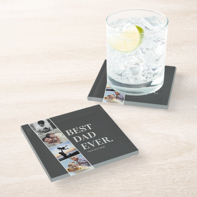 Modern Filmstrip Best Dad Ever Photo Collage Glass Coaster (Angled)