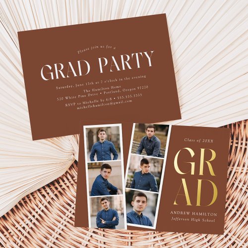 Modern Filmstrip Brown 6 Photo Graduation Party Foil Invitation