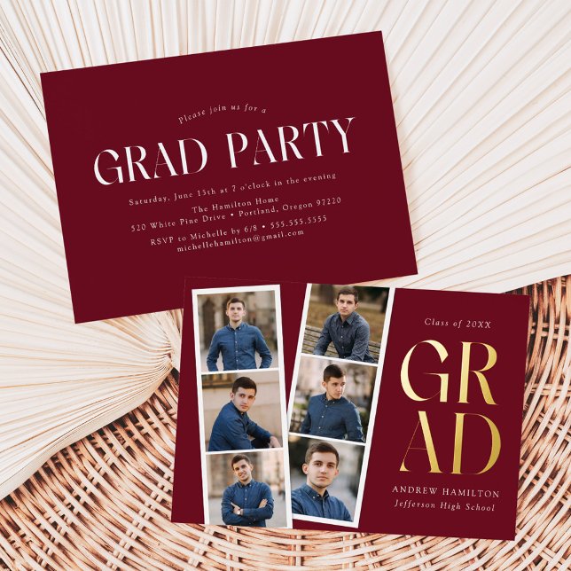Modern Filmstrip Burgundy 6 Photo Graduation Party Foil Invitation (Creator Uploaded)
