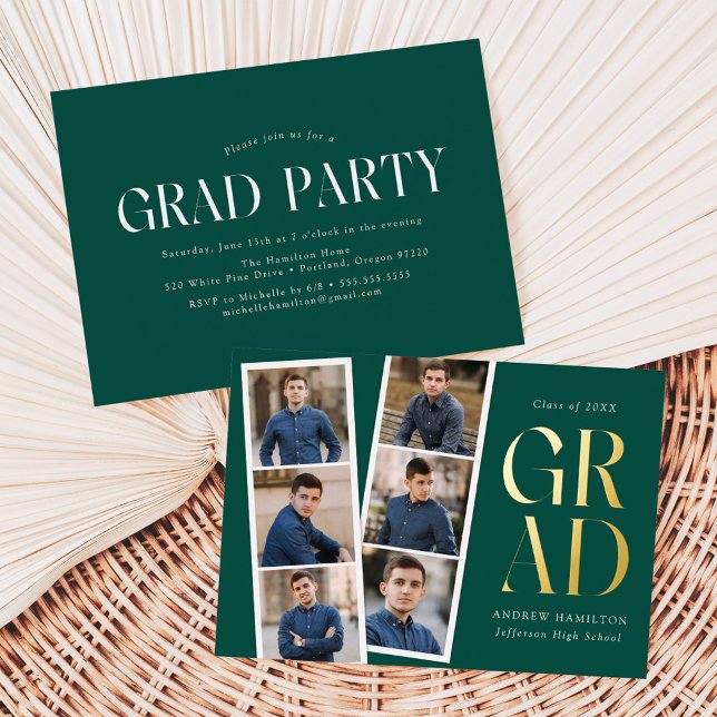 Modern Filmstrip Green 6 Photo Graduation Party Foil Invitation (Creator Uploaded)