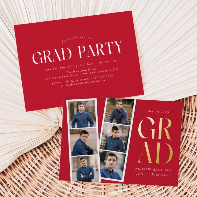 Modern Filmstrip Red 6 Photo Graduation Party Foil Invitation (Creator Uploaded)
