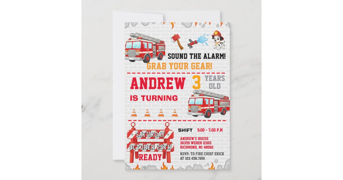 Fire Rescue Invitations Modern Fire Fighter Station Rescue Truck Flames Invitation | Zazzle