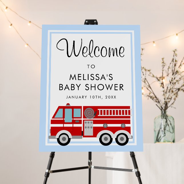 Modern Fire Truck Boy Baby Shower Welcome Foam Board (In Situ (Stand))
