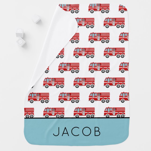 Modern Fire Truck Pattern Personalized Boy Baby Blanket (In Situ)