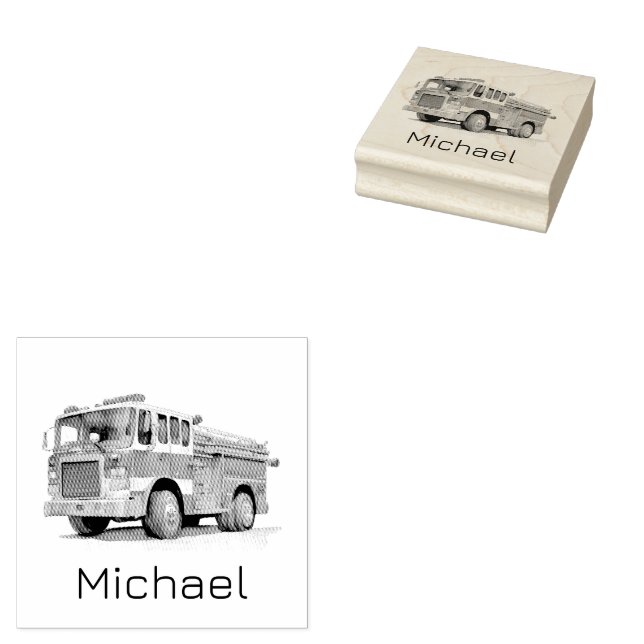 Modern Fire Truck Personalized Name  Rubber Stamp (Stamped)