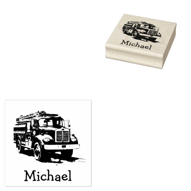 Modern Fire Truck Personalized Name  Rubber Stamp (Stamped)