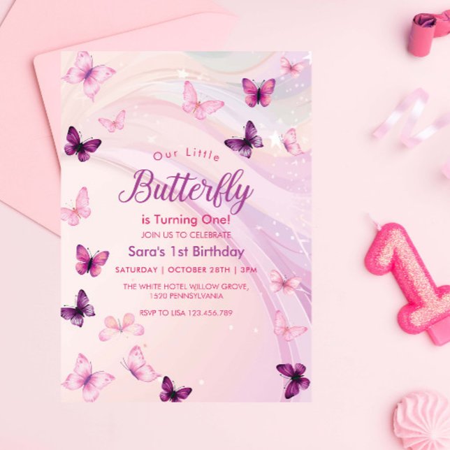 Modern First 1st Birthday Cute Pink Butterflies Invitation (Creator Uploaded)