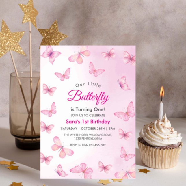 Modern First 1st Birthday Girly Butterfly Party Invitation (Creator Uploaded)