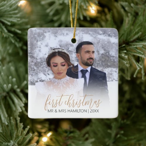 Modern First As Mr  Mrs Photo Christmas Tree Ceramic Ornament