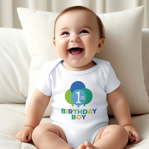 Modern First Birthday Baby Boy Blue Green Balloons Baby Bodysuit