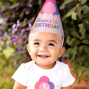 Modern First Birthday Girl Pink Purple Balloons Party Hat