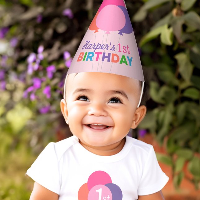 Modern First Birthday Girl Pink Purple Balloons Party Hat (Creator Uploaded)
