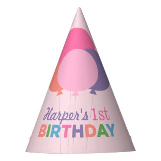 Modern First Birthday Girl Pink Purple Balloons Party Hat