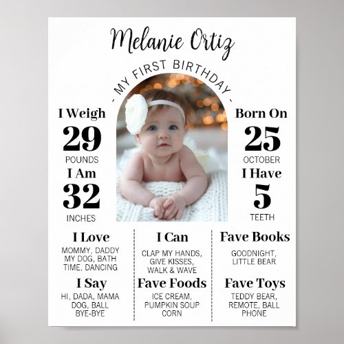 Modern First Birthday One Year Photo Baby Board Poster