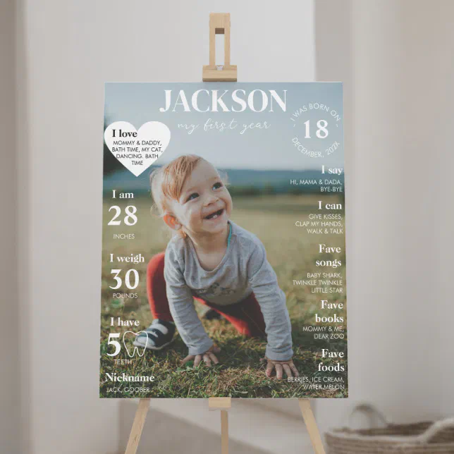 Modern First Birthday Photo Milestone Poster | Zazzle