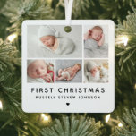 Modern First Christmas 5 Photos Metal Ornament<br><div class="desc">Modern 5 multi photos on a grid displaying your favorite newborn infant photos for their first Christmas metal ornament.</div>