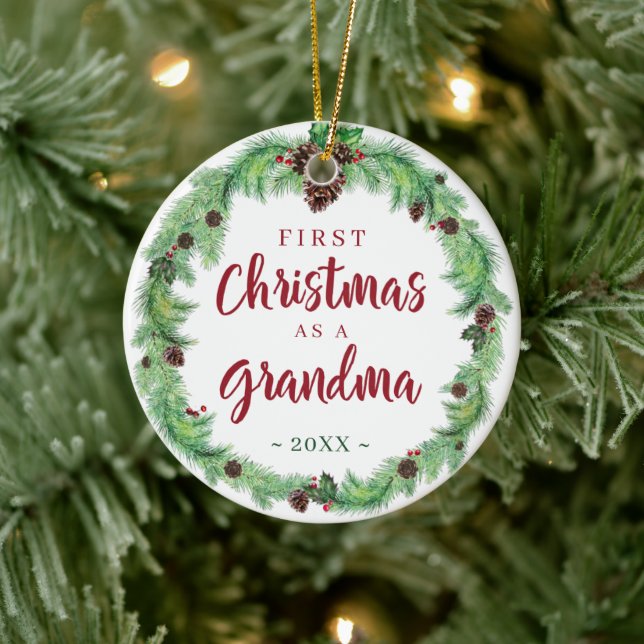 Modern FIRST CHRISTMAS AS A GRANDMA Photo Ceramic Ornament (Tree)