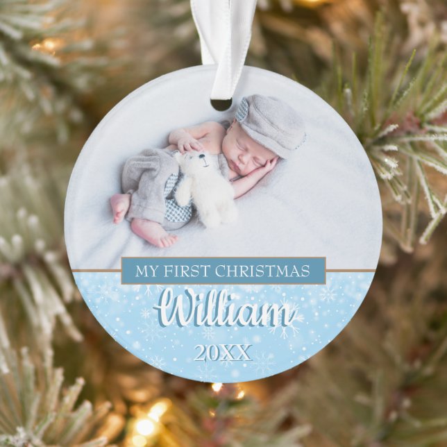 Modern First Christmas Baby Boy Photos Script Ornament (Tree)