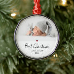 Modern First Christmas Baby Photo Metal Ornament<br><div class="desc">Baby's First Christmas holiday ornament. Design futures your favorite photo,  decorative accent heart in red and whimsical lettering.</div>