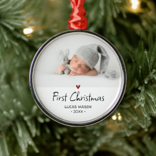 Modern First Christmas Baby Photo Metal Ornament