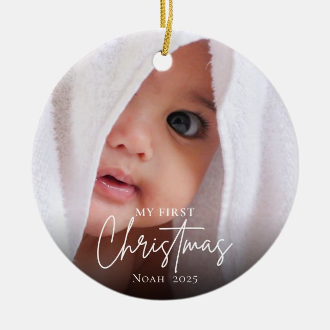 Modern First Christmas Baby Photo Name Elegant  Ceramic Ornament (Front)