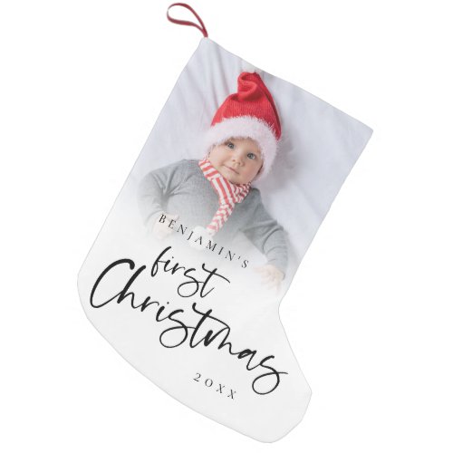 Modern First Christmas Baby Photo Script Small Christmas Stocking