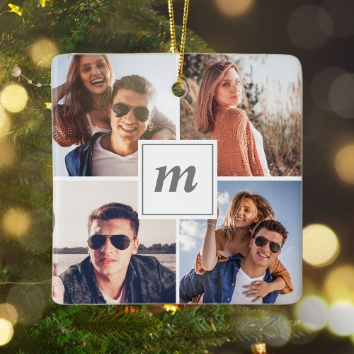 Modern First Christmas Engaged Couple Photo Ceramic Ornament