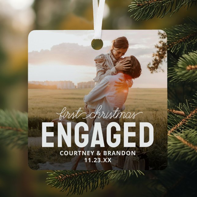 Modern First Christmas Engaged Keepsake Photo Metal Ornament (Creator Uploaded)