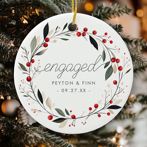 Modern First Christmas Engaged Mistletoe Wreath Ceramic Ornament