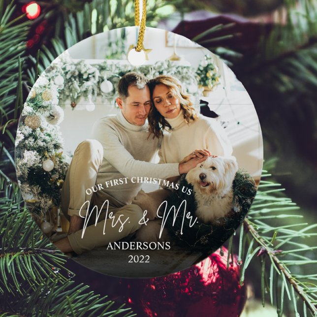 Modern First Christmas Engaged Mrs & Mr Ceramic Ornament (Creator Uploaded)
