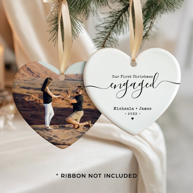 Modern First Christmas Engaged Names & Photo Ceramic Ornament (Creator Uploaded)
