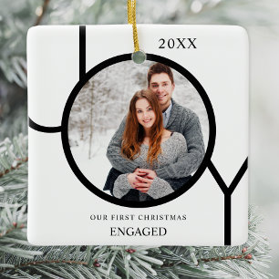 Modern First Christmas Engaged Photo Ceramic Ornam Ornament