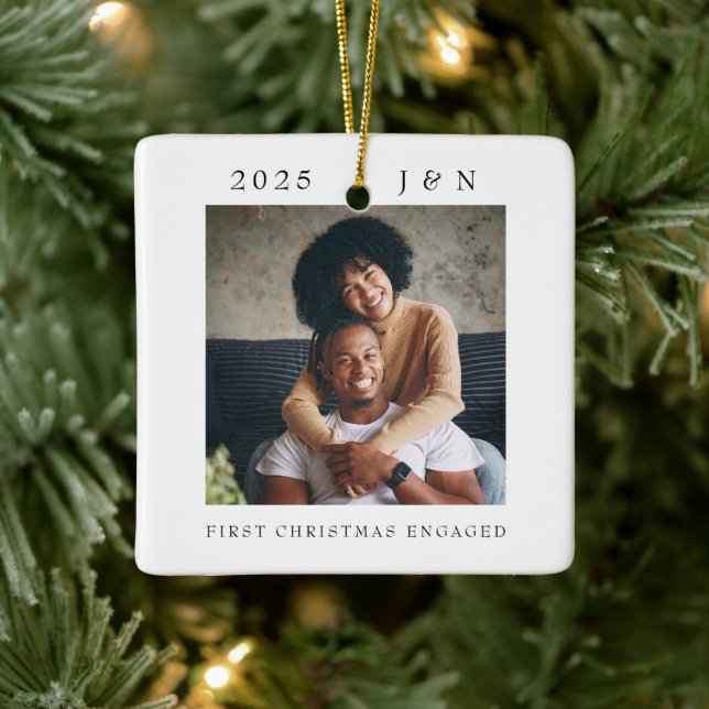 Modern First Christmas Engaged Photo Ceramic Ornament (Tree)